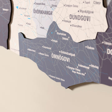 Close-up of the Nimbus Mongolia wooden wall map with layered regions and printed names
