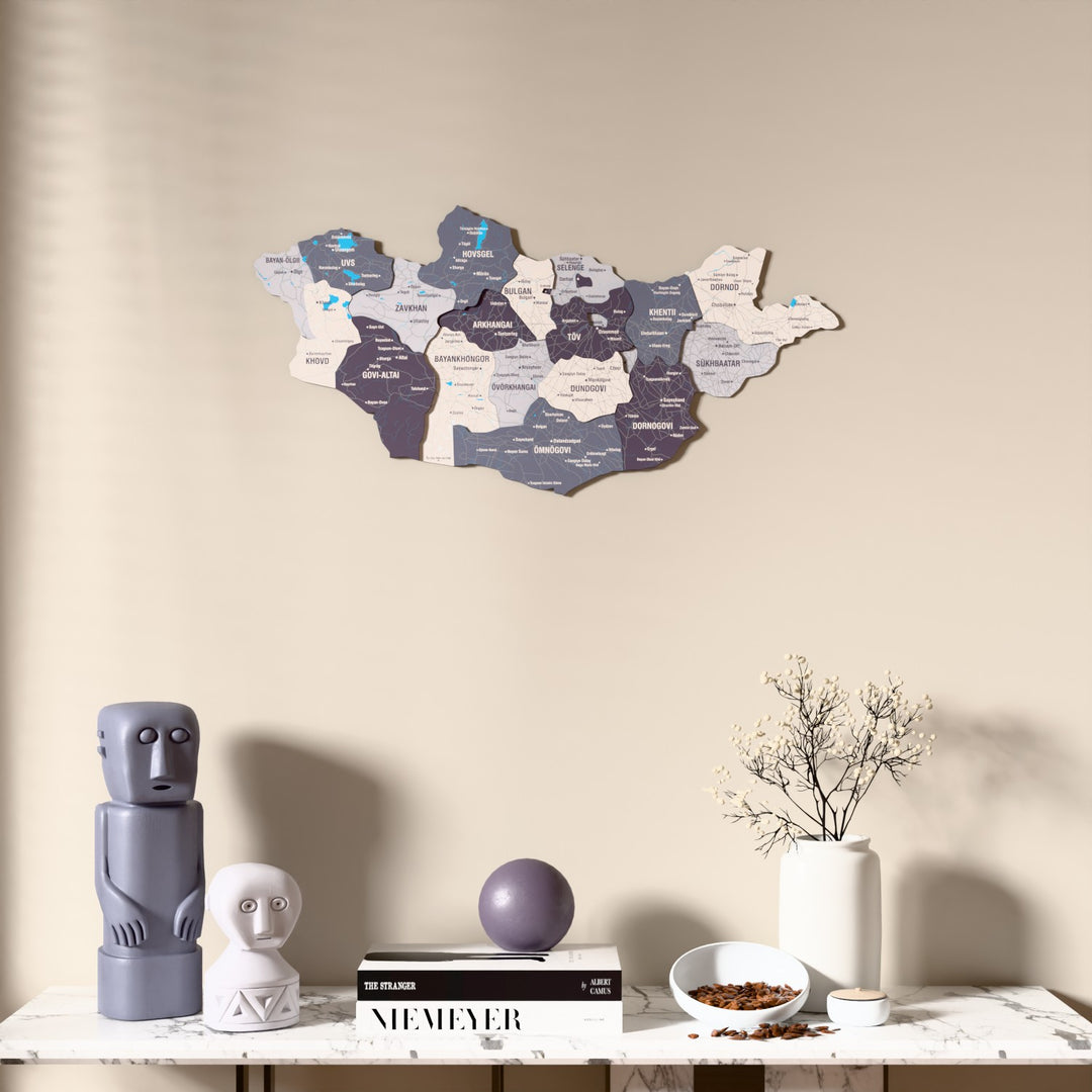 Nimbus Mongolia wooden wall map above a marble console, front view
