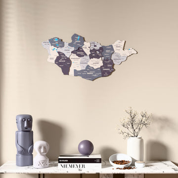 Nimbus Mongolia wooden wall map above a marble console, front view