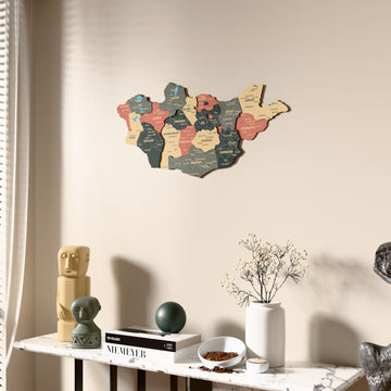 Sage Mongolia wooden wall map beside a sheer curtain, angled view