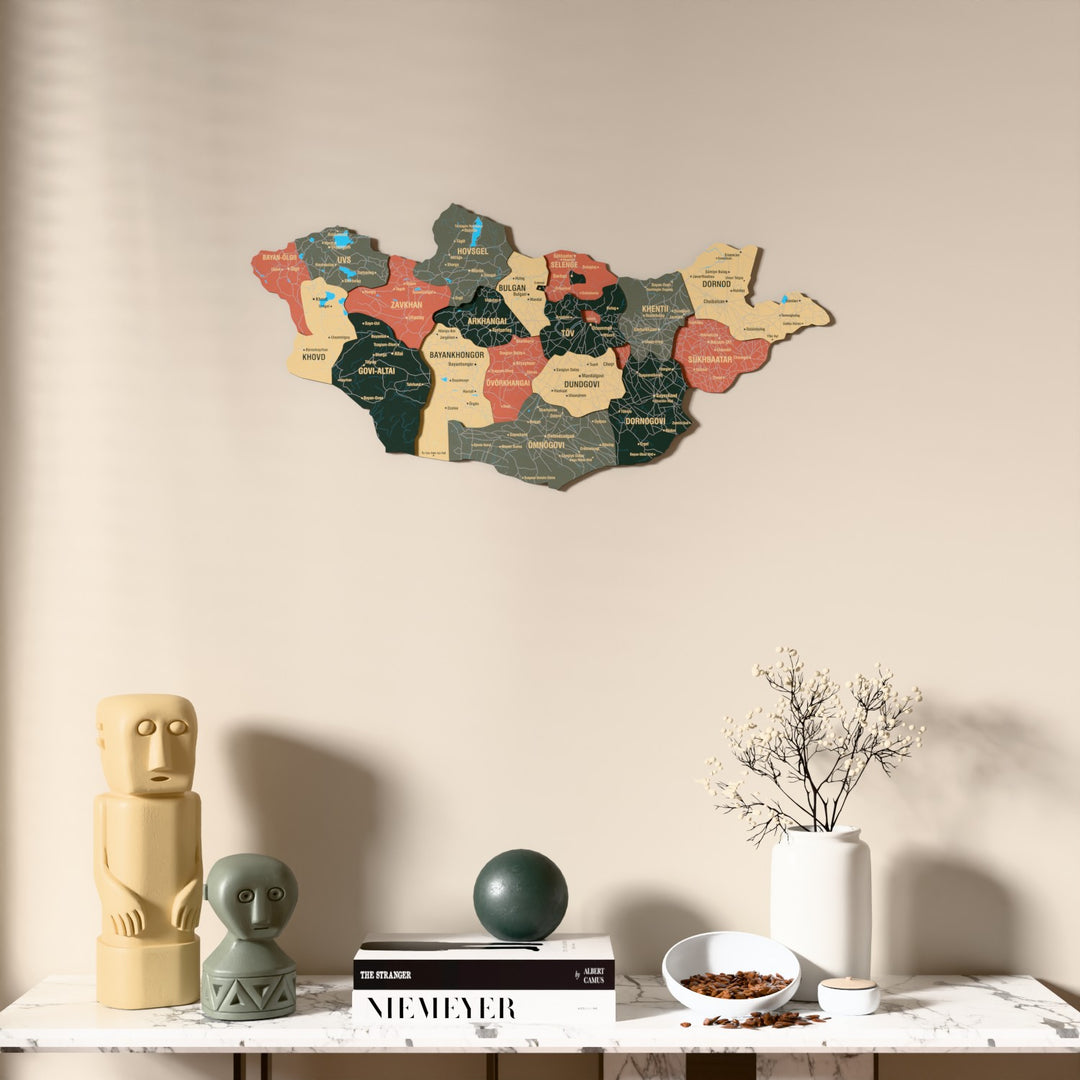Sage Mongolia wooden wall map above a marble console, front view