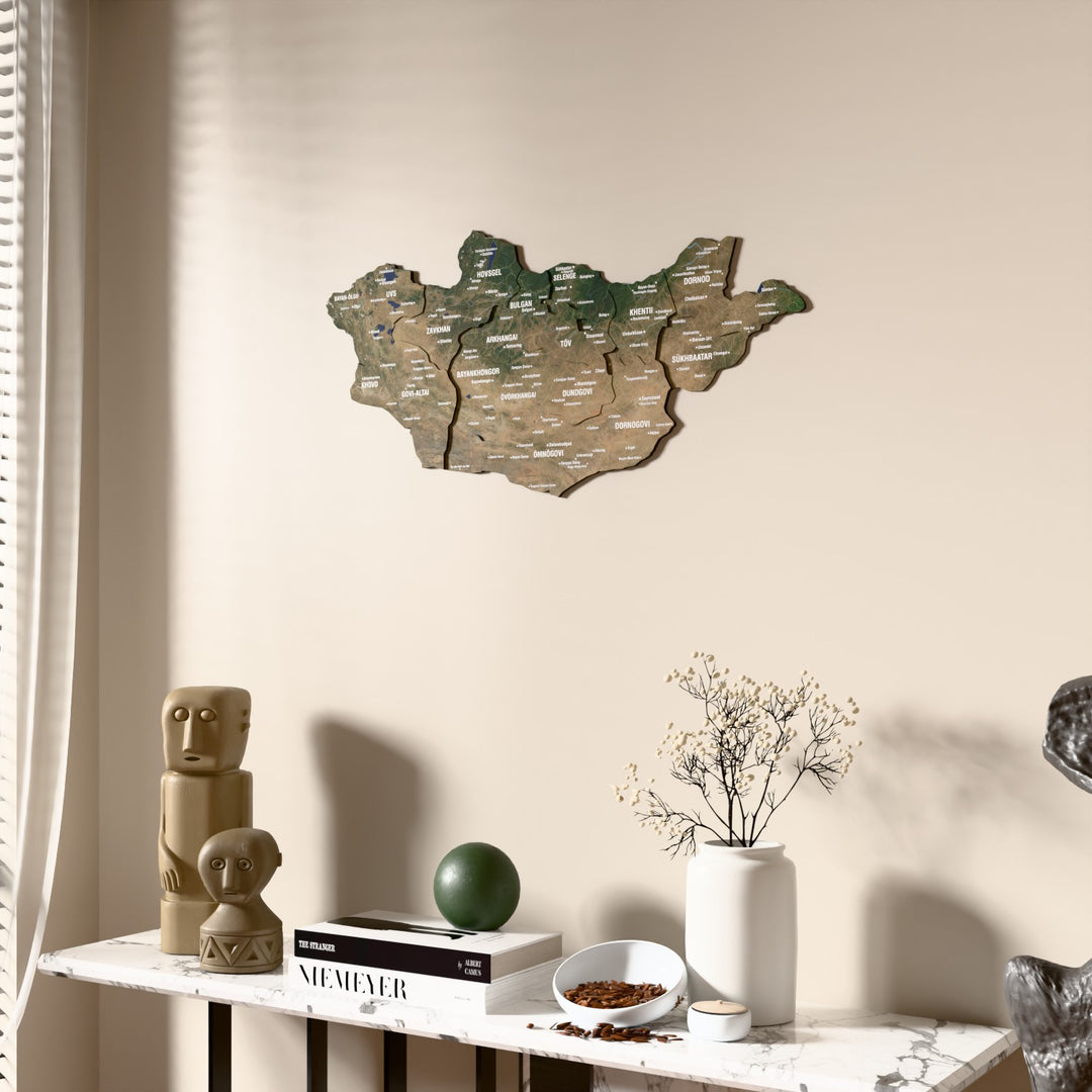 Satellite Mongolia wooden wall map beside a sheer curtain, angled view