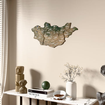 Satellite Mongolia wooden wall map beside a sheer curtain, angled view