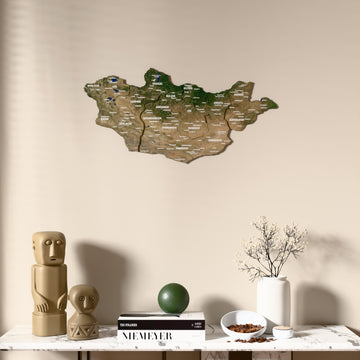 Satellite Mongolia wooden wall map above a marble console, front view