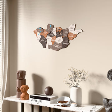 Soil Mongolia wooden wall map beside a sheer curtain, angled view