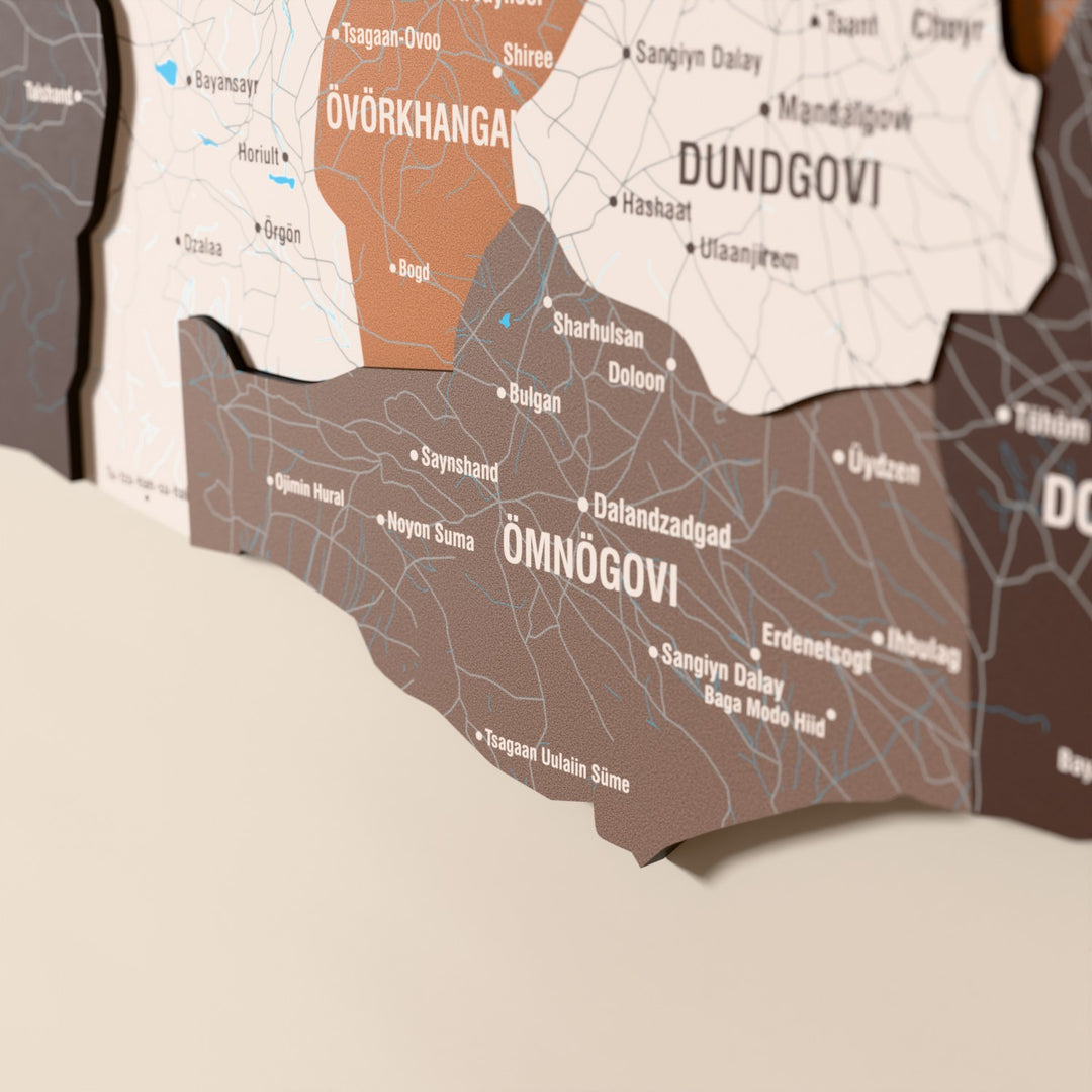 Close-up of the Soil Mongolia wooden wall map with layered regions and printed names