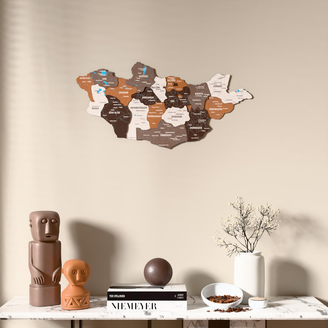 Soil Mongolia wooden wall map above a marble console, front view