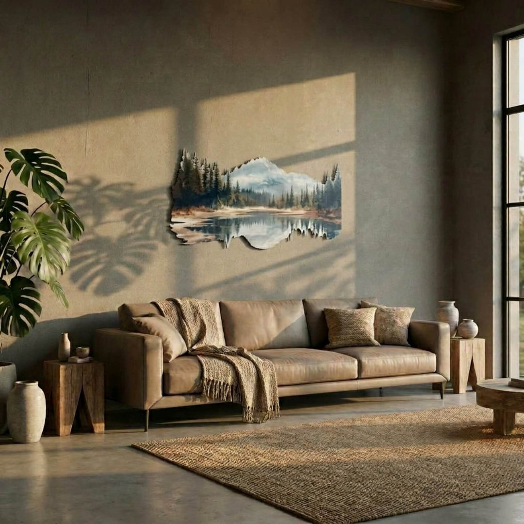 Mountain and forest reflection metal wall art in a living room with a beige sofa