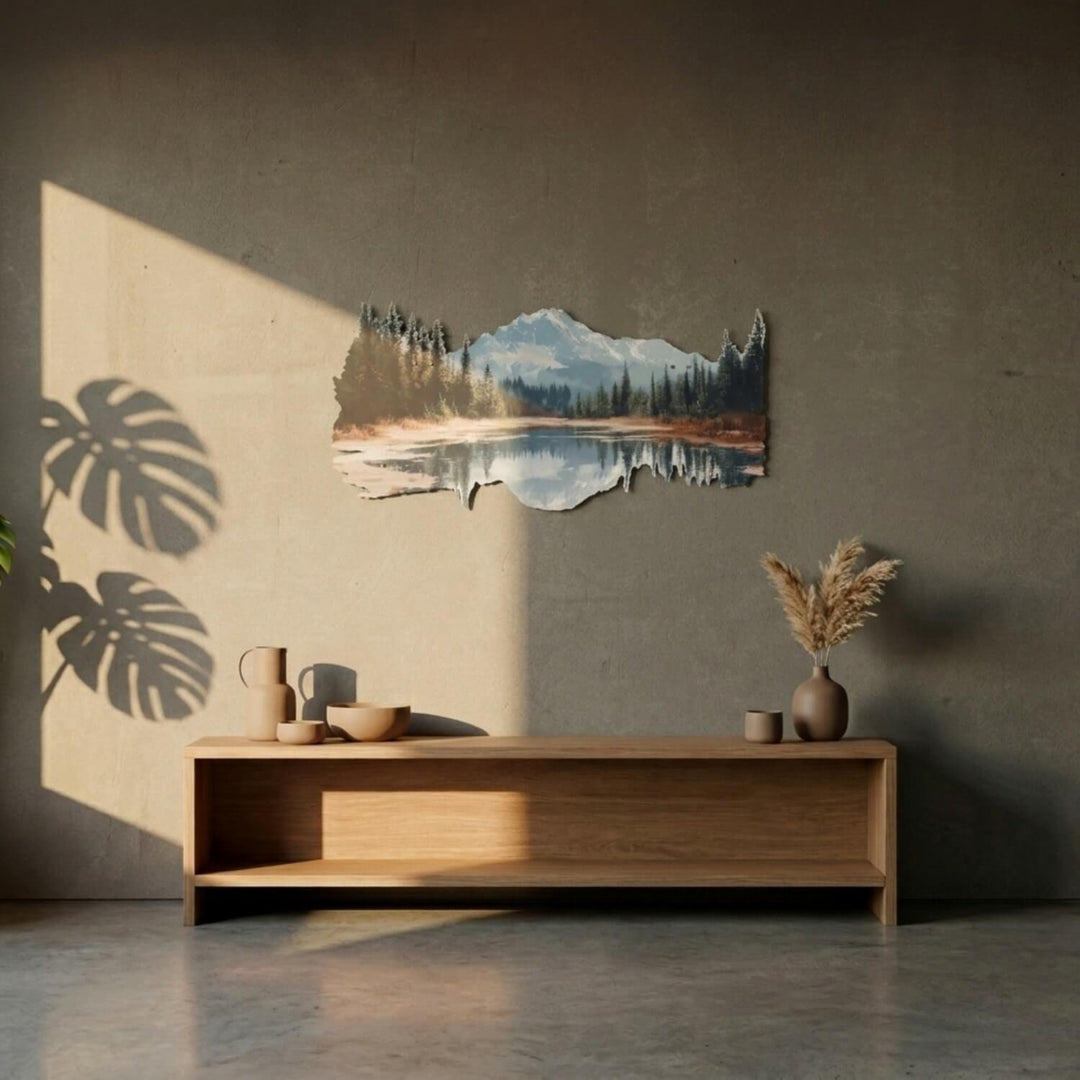 Mountain lake reflection UV printed metal wall art above a wooden console