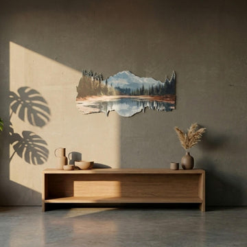 Mountain lake reflection UV printed metal wall art above a wooden console