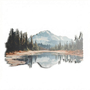 Mountain lake reflection metal wall art on white, showing the organic cut edge