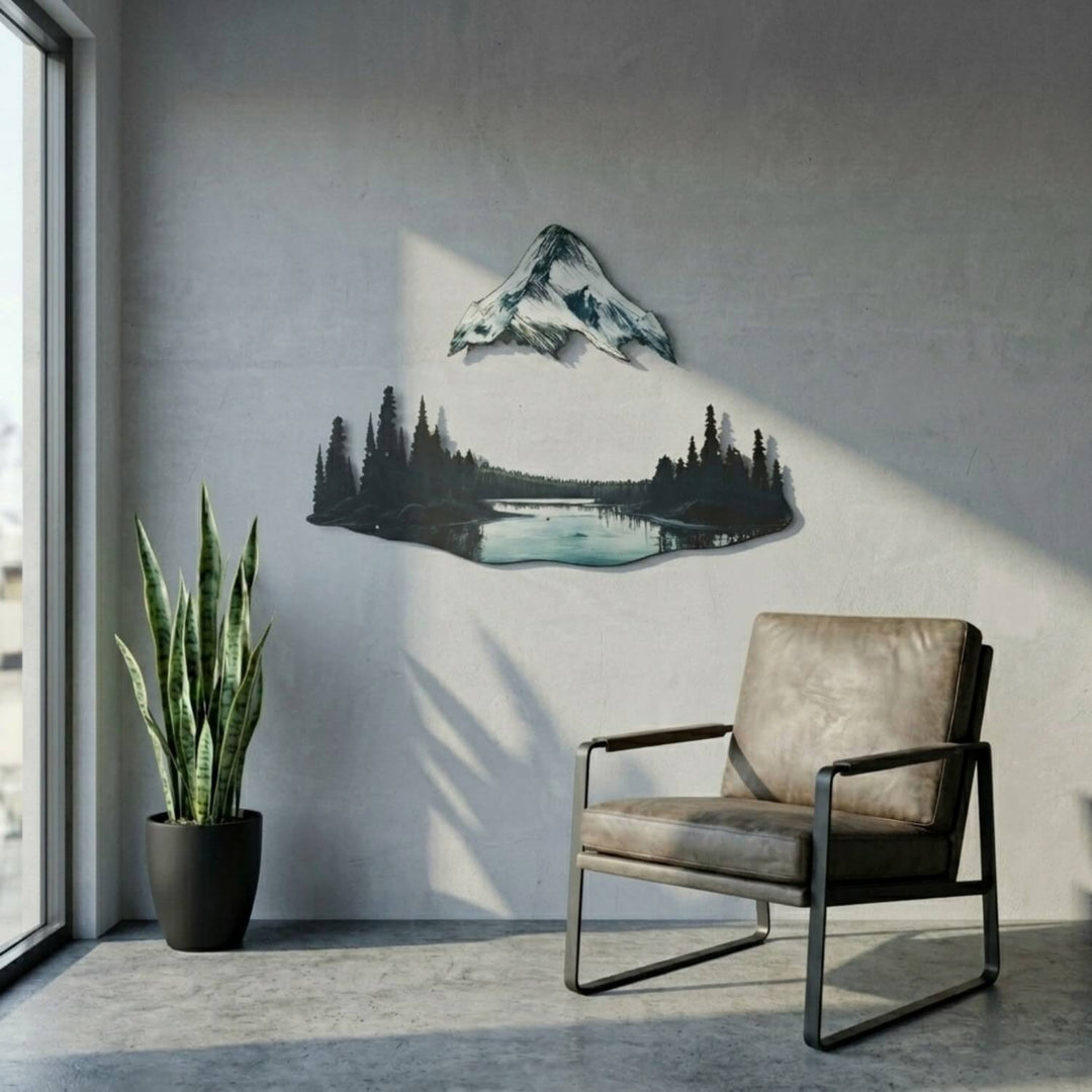 Mountain and lake UV printed metal wall art, two pieces, on a concrete wall by a leather chair