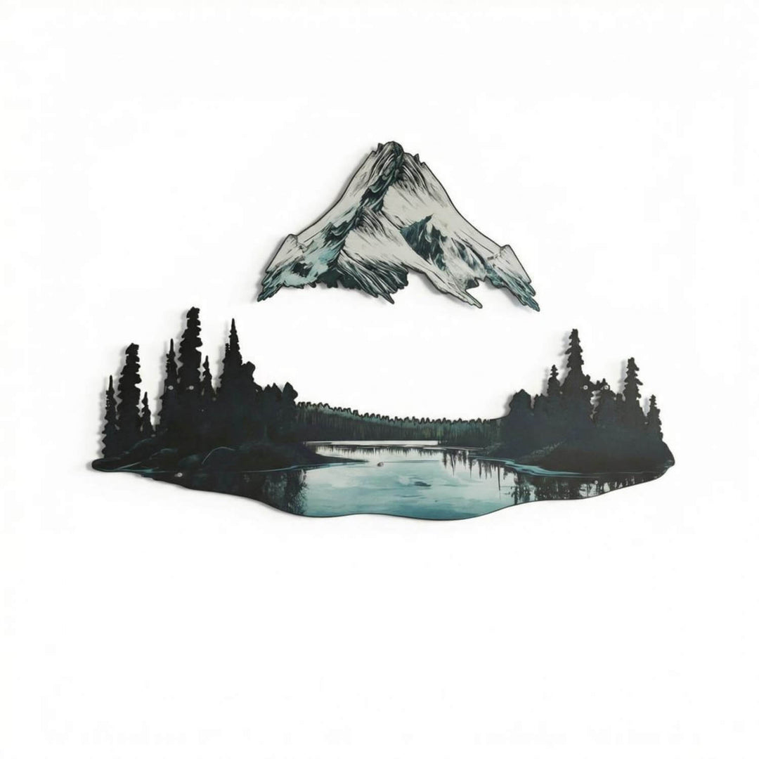The two mountain and lake metal panels on a white background