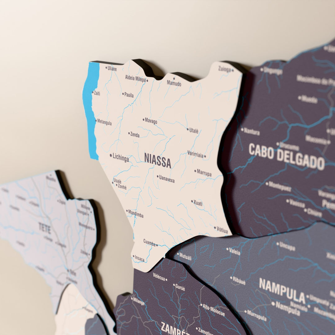 Close-up of the Nimbus Mozambique wooden wall map with layered regions and printed names