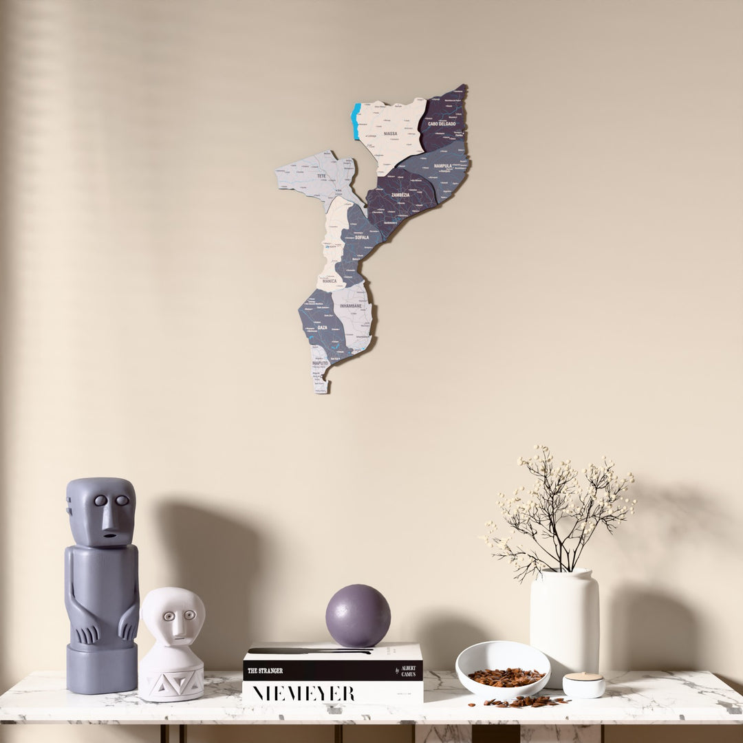 Nimbus Mozambique wooden wall map above a marble console, front view