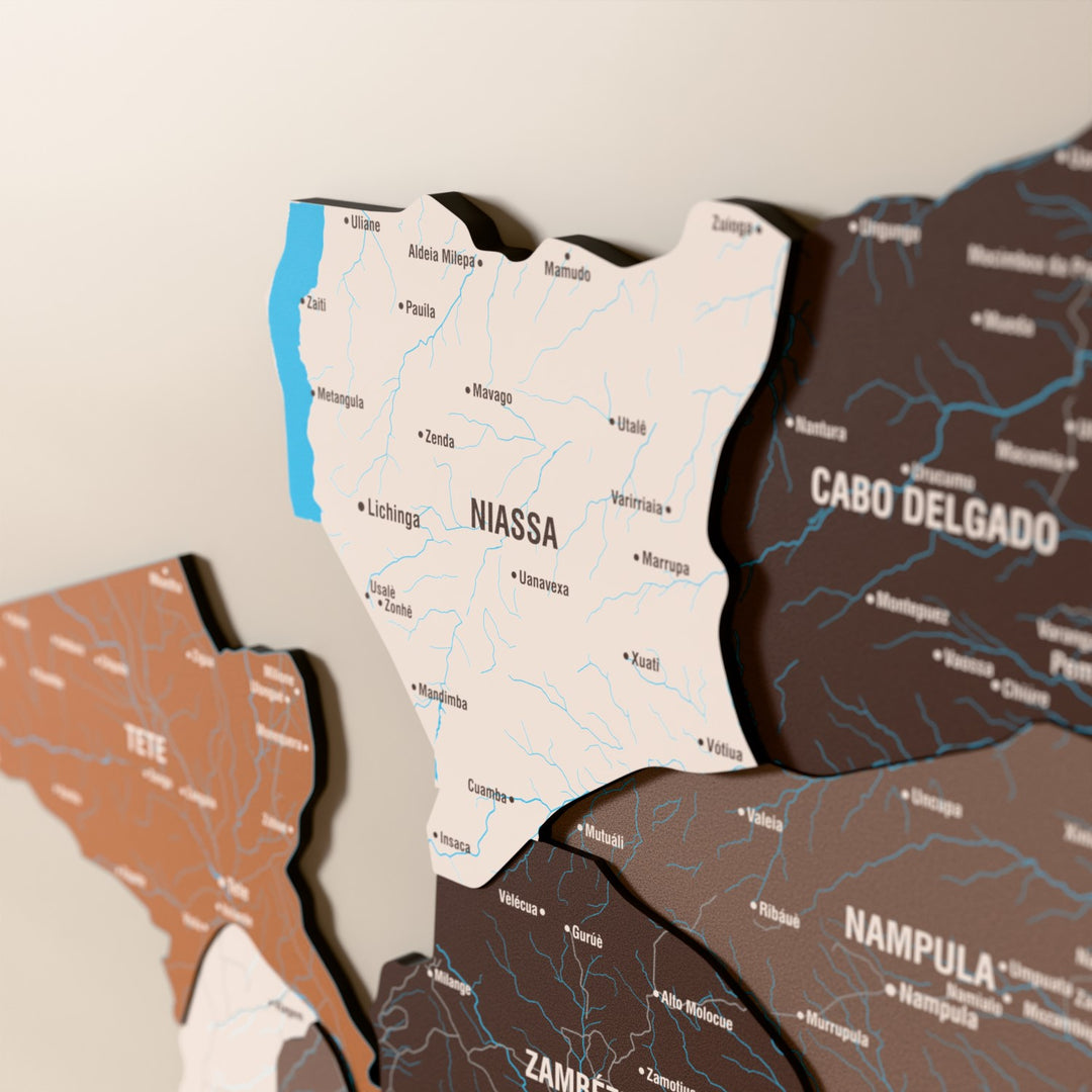 Close-up of the Soil Mozambique wooden wall map with layered regions and printed names