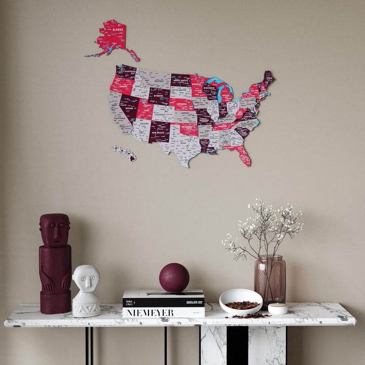 United States Wooden Wall Map - Multilayered & UV Printed Design - Crimson