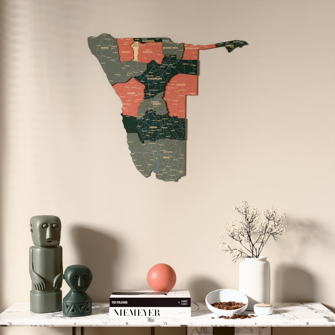 Sage Namibia wooden wall map above a marble console, front view