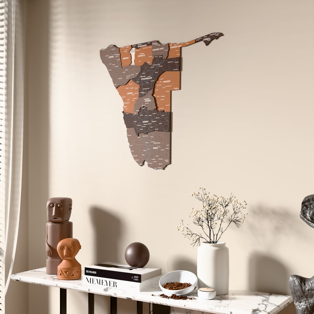Soil Namibia wooden wall map beside a sheer curtain, angled view