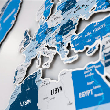 Close-up of Europe and North Africa on the Navy metal world map with Libya, Egypt and Algeria labels