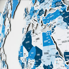 Close-up of Africa and the Middle East on the Navy metal world map with states, in shades of blue