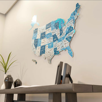 Navy metal USA wall map on a white wall with the console and a framed photo in the lower right