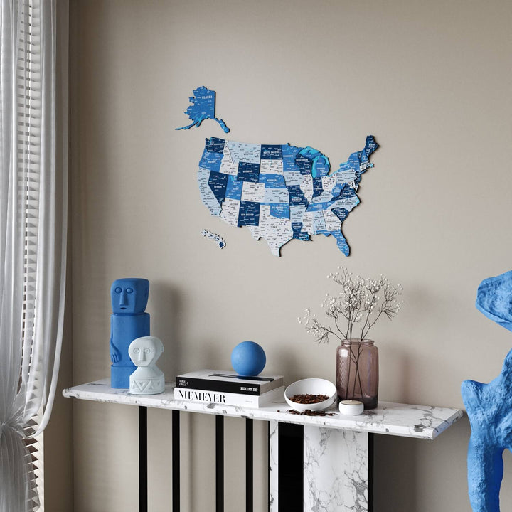 Wooden USA Map Wall Decor - 3D Multilayered Design - Navy