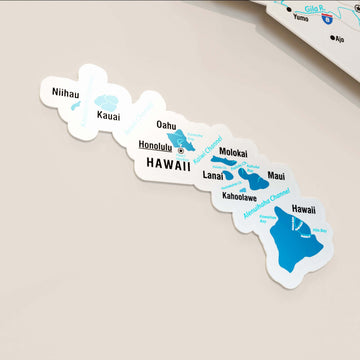 Close-up of the Hawaiian Islands panel on the navy metal USA map with island names