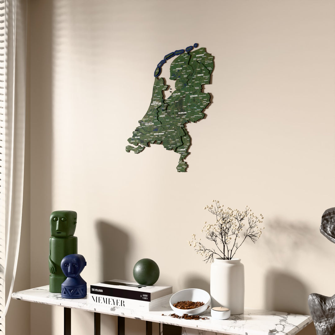Satellite Netherlands wooden wall map beside a sheer curtain, angled view