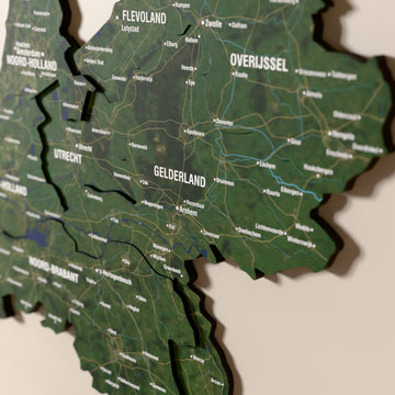 Close-up of the Satellite Netherlands wooden wall map with layered regions and printed names