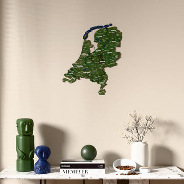 Satellite Netherlands wooden wall map above a marble console, front view