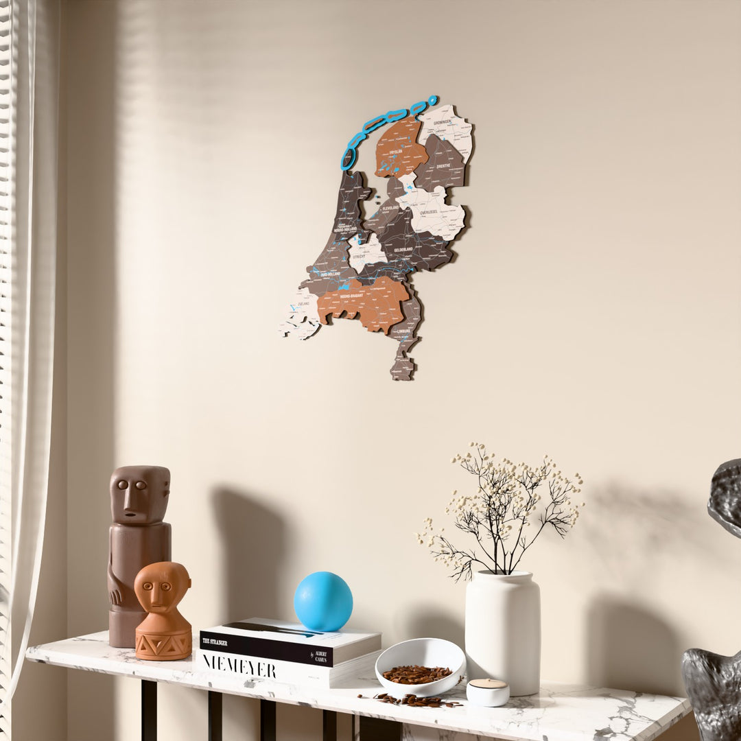 Soil Netherlands wooden wall map beside a sheer curtain, angled view