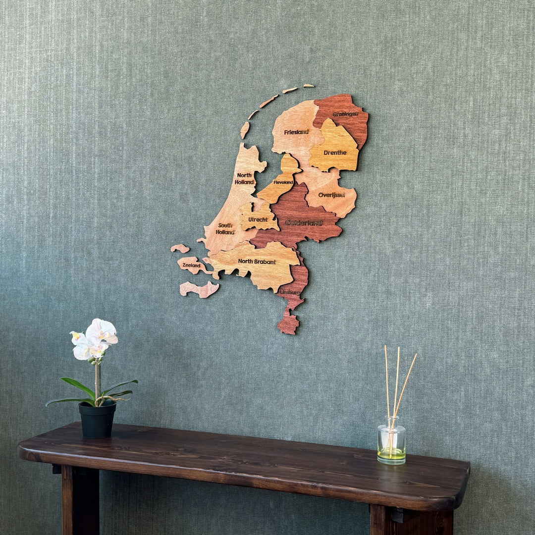 Netherlands plywood wall map above a console with a reed diffuser, closer view