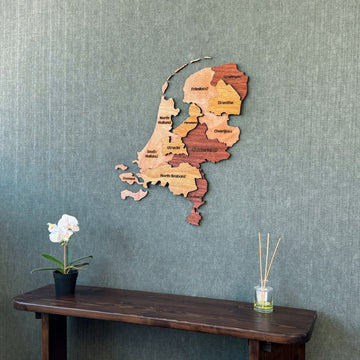 Netherlands plywood wall map above a console with a reed diffuser, closer view