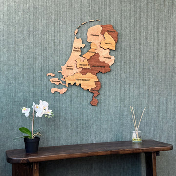 Netherlands wood wall map above a console, low angle with the orchid at left
