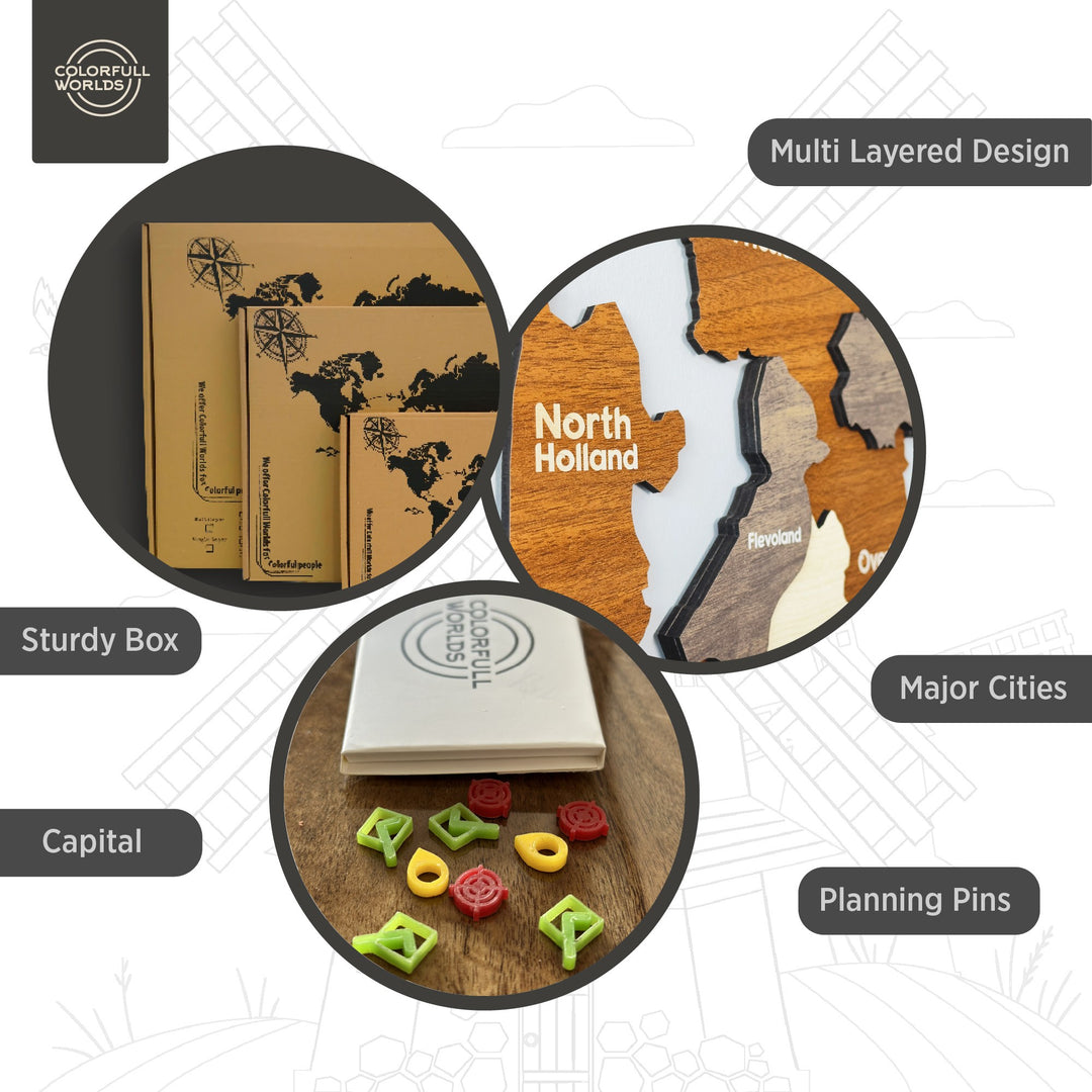 Features of the wooden Netherlands map: multi-layered design, sturdy box, capital, major cities and planning pins