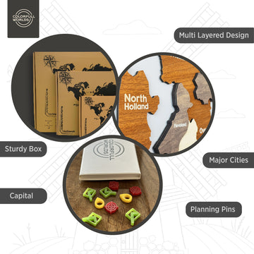 Features of the wooden Netherlands map: multi-layered design, sturdy box, capital, major cities and planning pins