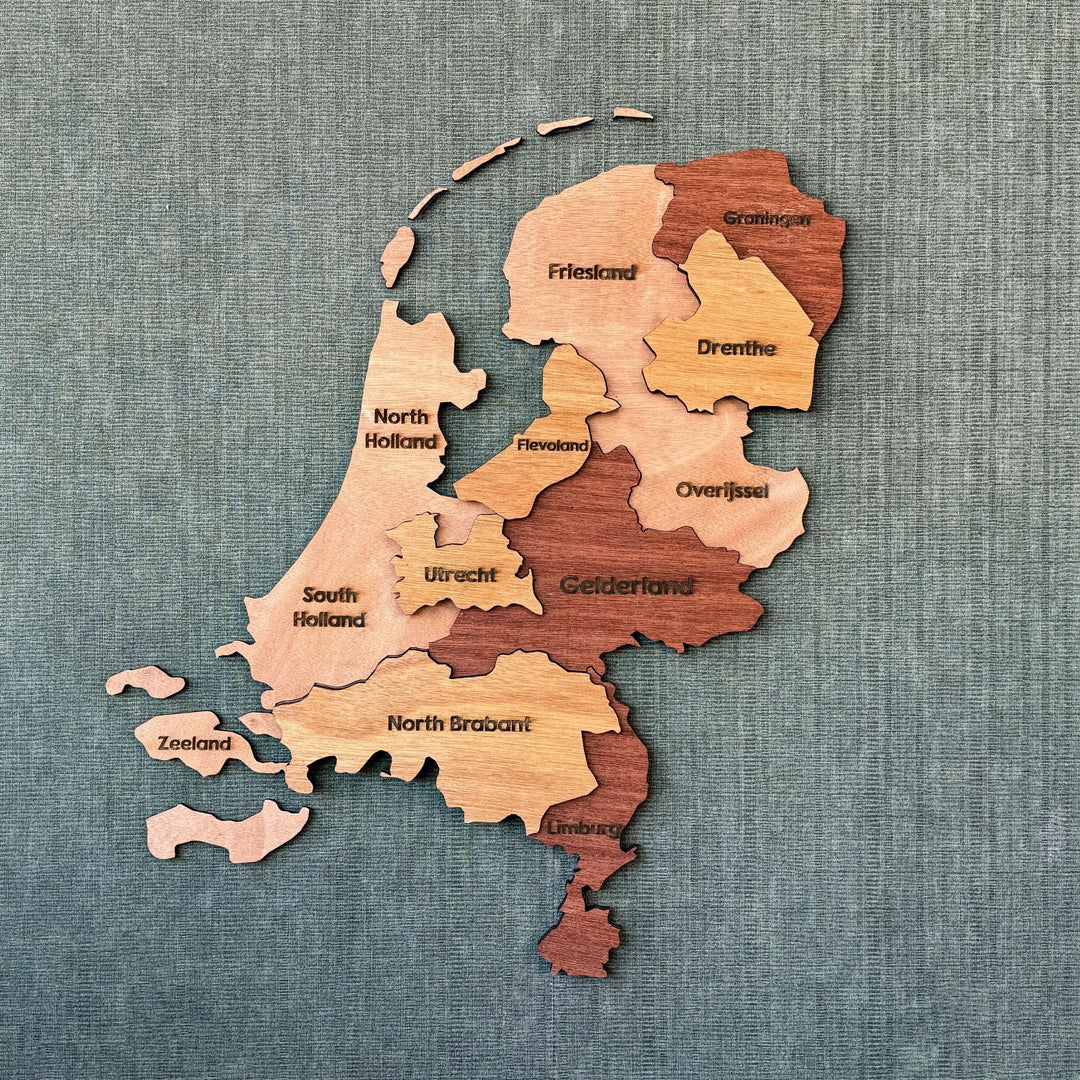 Wooden Netherlands wall map with province names in layered plywood, front view