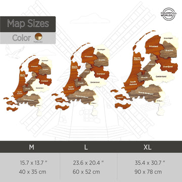 Size chart for the wooden Netherlands map: M 15.7 x 13.7 in, L 23.6 x 20.4 in and XL 35.4 x 30.7 in (40x35, 60x52, 90x78 cm)