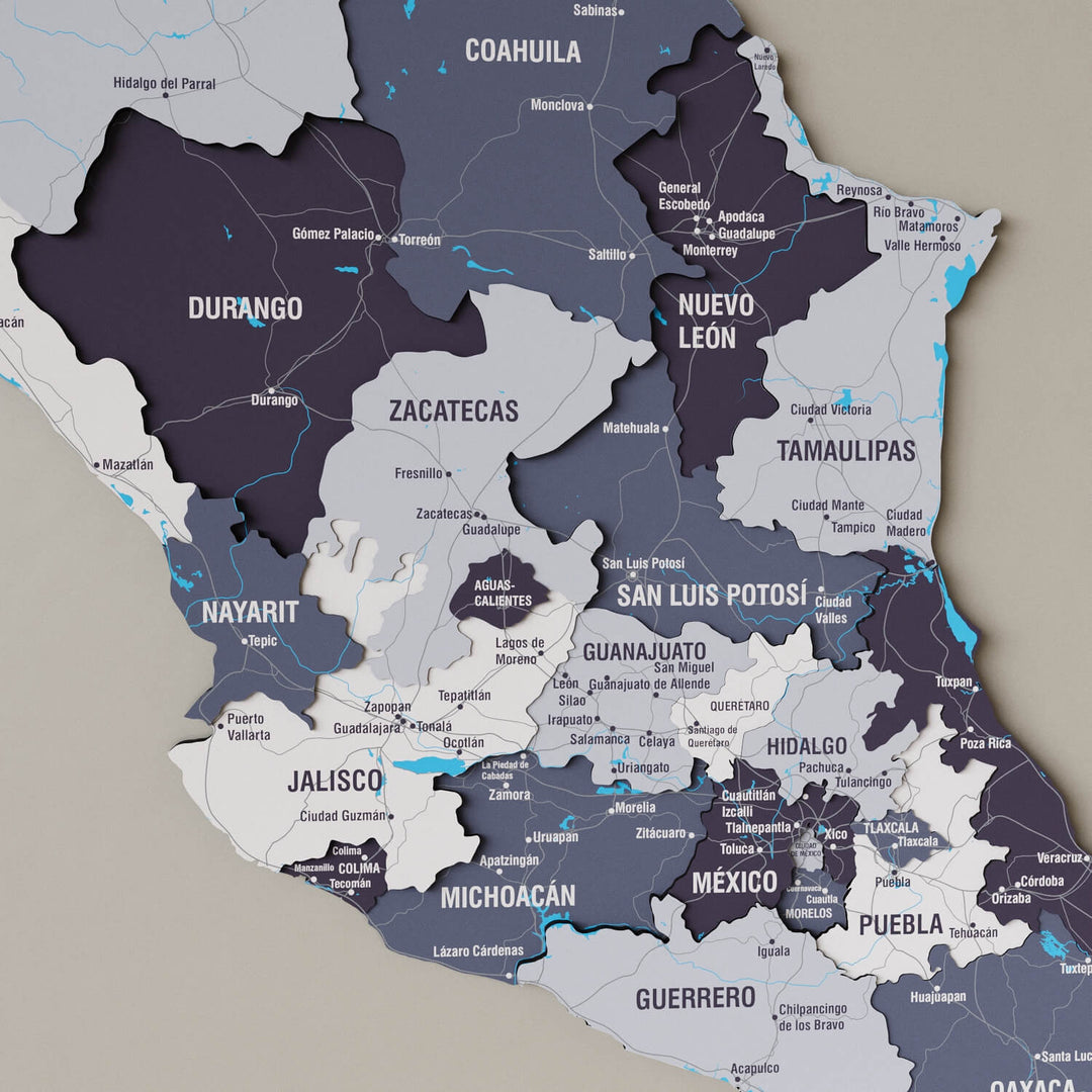 Nimbus Mexico wooden wall map in slate gray and purple tones, close-up of the central states with names