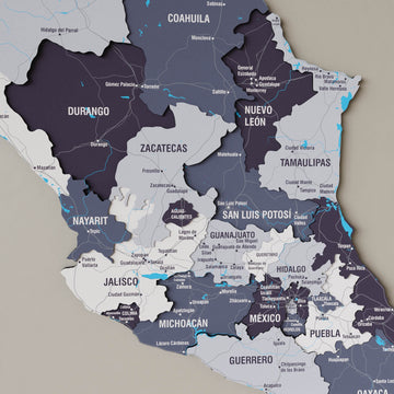 Nimbus Mexico wooden wall map in slate gray and purple tones, close-up of the central states with names