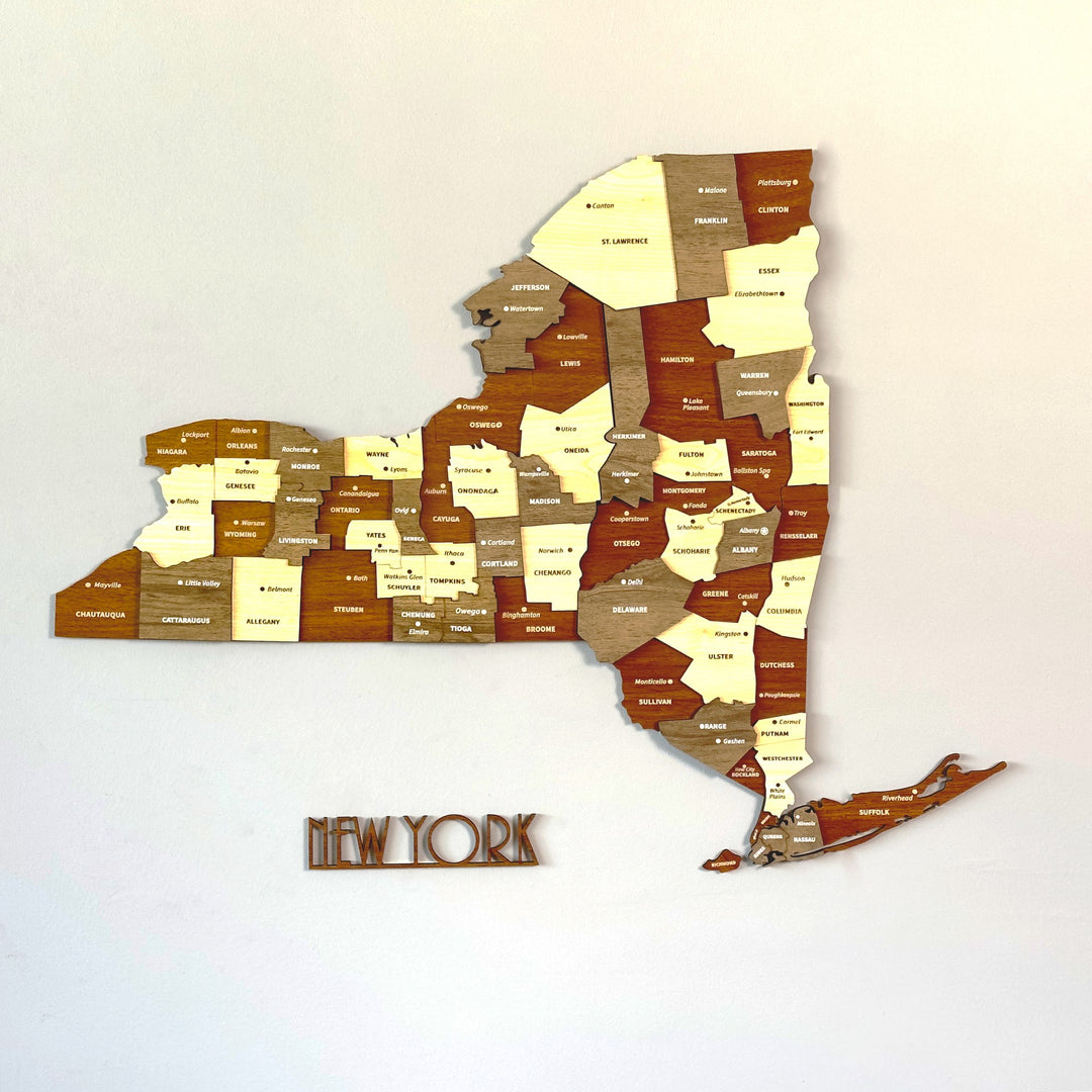 3D wooden New York State map with county names in brown, taupe and cream layers and a NEW YORK name below