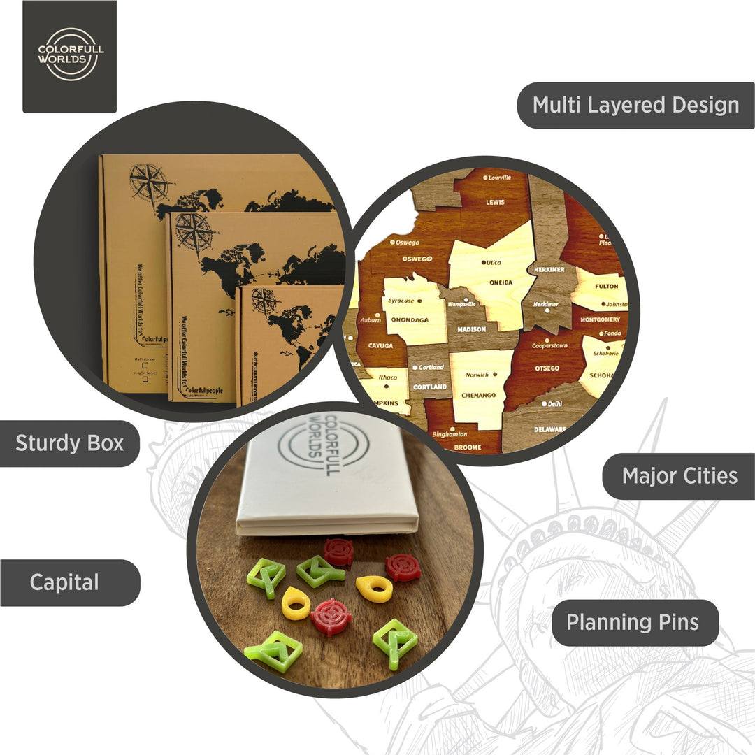 Features of the wooden New York map: multi-layered design, sturdy box, capital, major cities and planning pins
