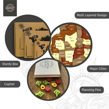 Features of the wooden New York map: multi-layered design, sturdy box, capital, major cities and planning pins