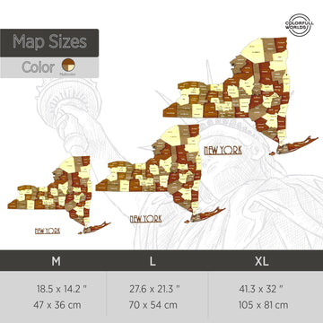 Size chart for the wooden New York map: M 47 x 36 cm, L 70 x 54 cm and XL 105 x 81 cm (27.6 x 21.3 in for L)