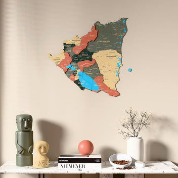 Sage Nicaragua wooden wall map above a marble console, front view