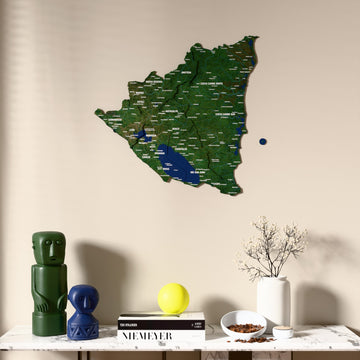Satellite Nicaragua wooden wall map above a marble console, front view