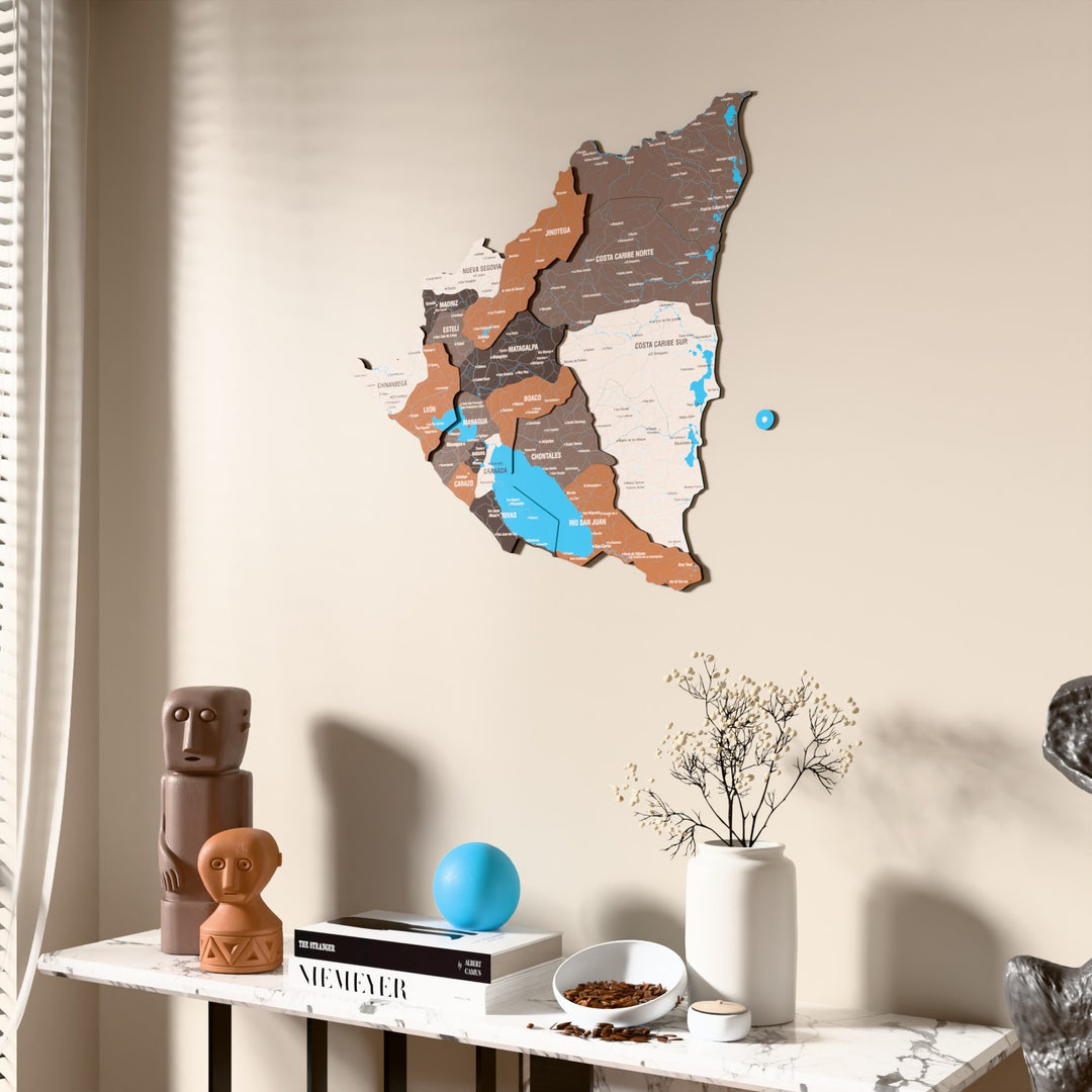 Soil Nicaragua wooden wall map beside a sheer curtain, angled view