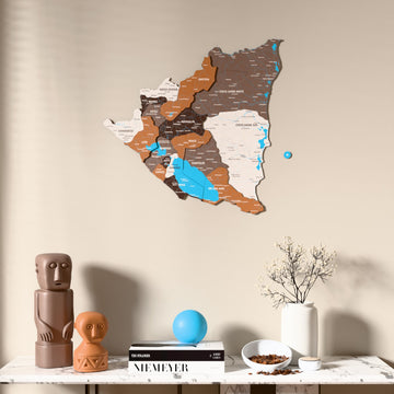 Soil Nicaragua wooden wall map above a marble console, front view