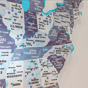 Close-up of the Midwest and Southeast on the Nimbus metal USA wall map, with Illinois, Tennessee and Georgia